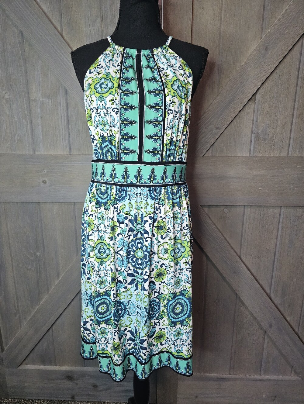 London Times Green Medallion Paisley Halter Neck Midi Dress Womens Size 8